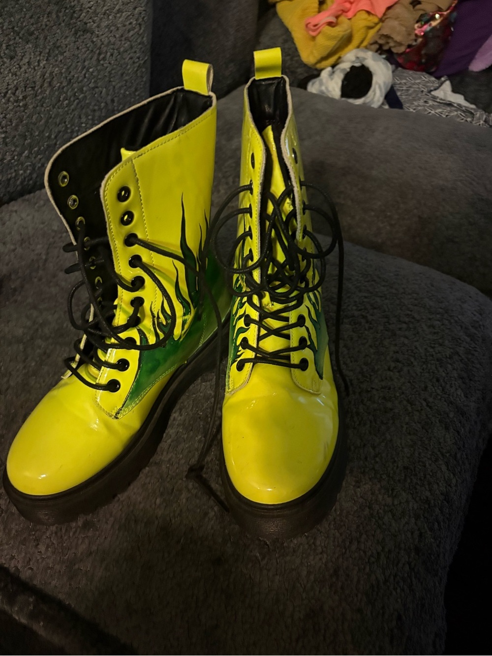 Neon greenish Lace-Up Women's Combat Boots with Green Flame Detail